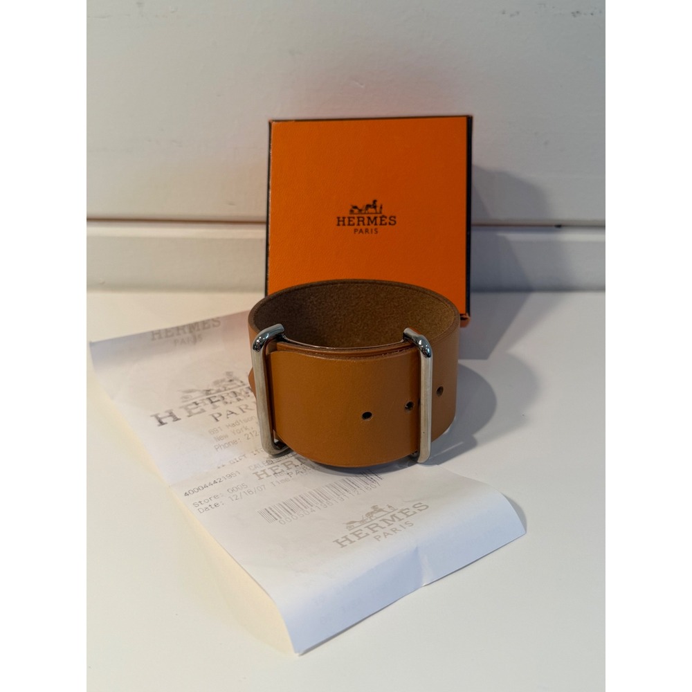Hermes Etriviere Leather Cuff Bracelet Barenia Tan Gold Palladium Hardware Box - Picture 2 of 6